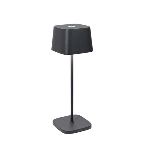 Zafferano Ofelia Pro rechargeable black table lamp with touch dimmer and modern contact charging base