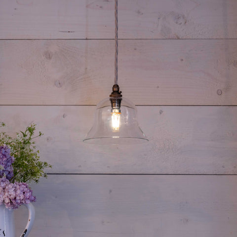 Bodium small clear glass pendant light with vintage bulb hanging against a light wooden wall near a vase of purple flowers