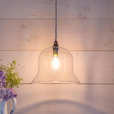 Bodium large clear glass pendant light with adjustable flex, modern bell-shaped shade for even light distribution in contemporary spaces