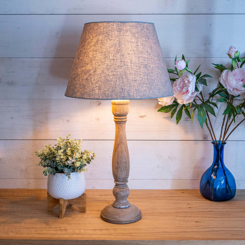 Tall Rustic Wooden Table Lamp with Linen Shade