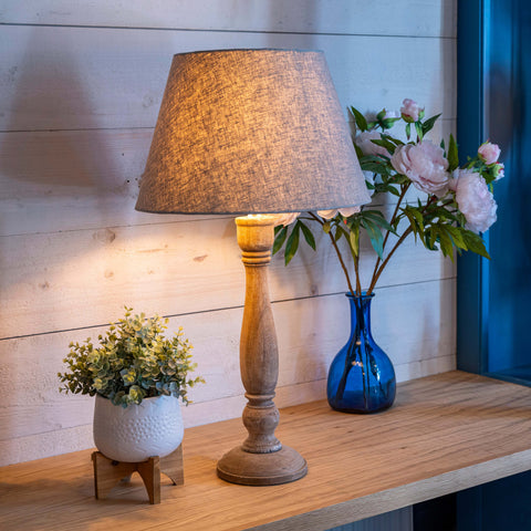 Tall Rustic Wooden Table Lamp with Linen Shade
