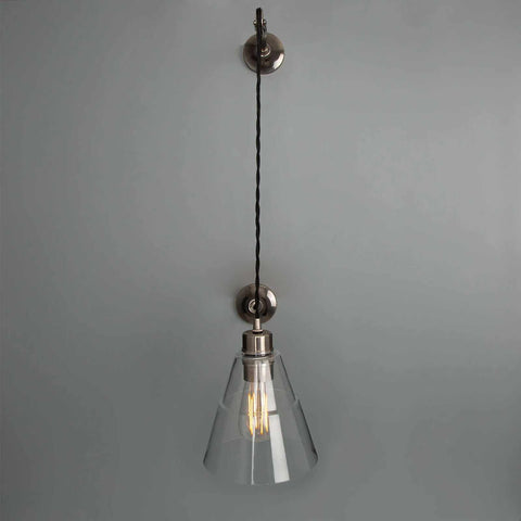 Kairi Pulley Wall Light with clear glass shade and adjustable industrial pulley cable in silver finish