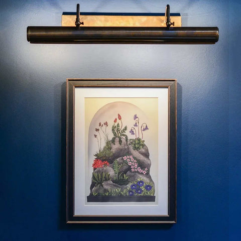 Dublin Picture Light 60.5cm solid brass wall-mounted light softly illuminating framed floral artwork on navy blue wall