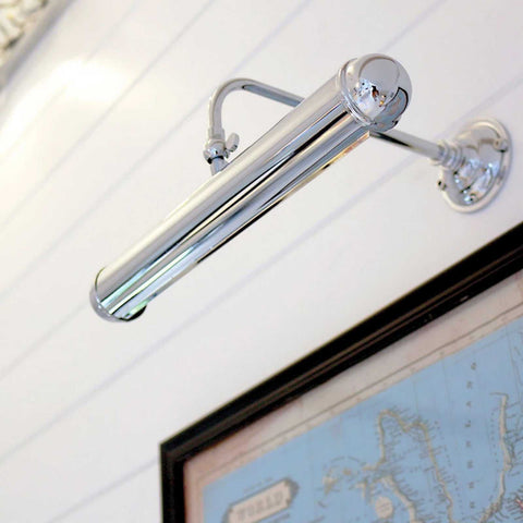 Dulwich Picture Light handcrafted adjustable chrome wall lamp illuminating artwork