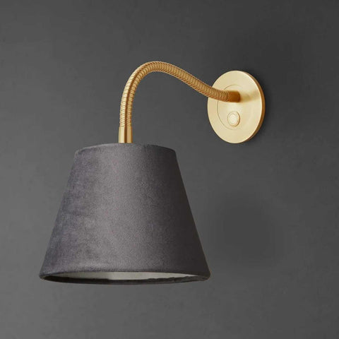 Pooky Phoebe Fully Adjustable Wall Light with grey velvet lampshade and gold flexible arm for bedside reading