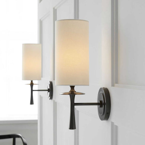 Drunmore Single Sconce wall light by Aerin Lauder with hand-bronzed brass and white linen shade