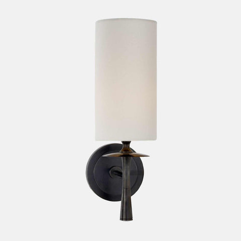 Drunmore Single Sconce wall light with hand-bronzed solid brass base and white linen shade by Aerin Lauder