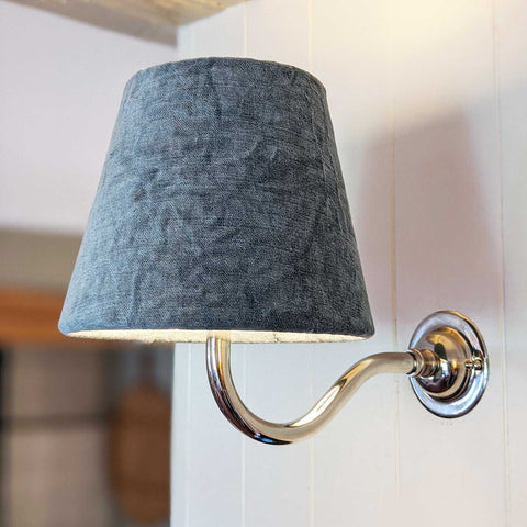 Finberry Blue Velvet fabric shade wall light with swan neck design and polished brass finish