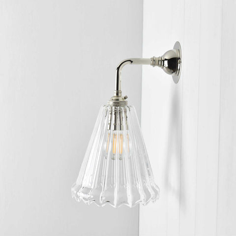 Rye Ribbed Glass small wall light with clear vertical ribbed glass shade and polished metal arm