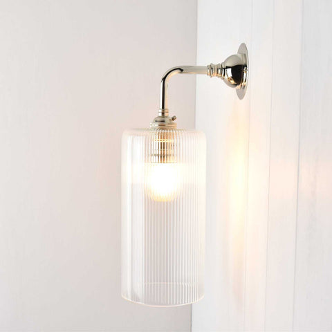 Brook Small Ribbed Glass Shade wall light with sleek ribbed glass diffuser and polished metal fixture