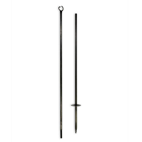 Black steel festoon poles with bull horn design and pointed base for outdoor lighting installation.