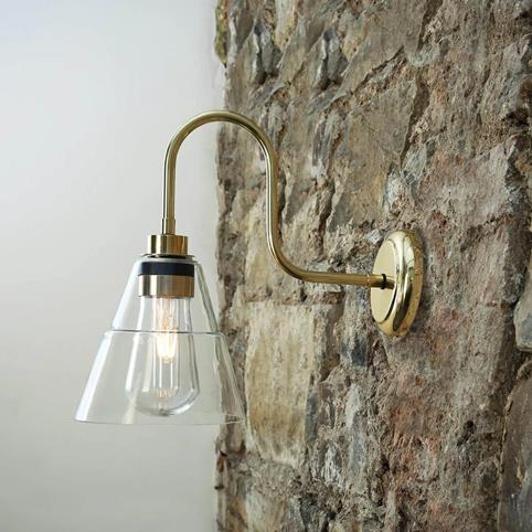 HARTLEY SWAN NECK Glass Bathroom Wall Light in Polished Brass
