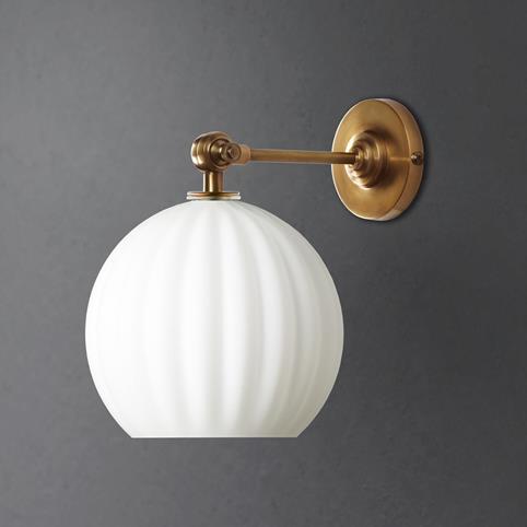 MEDIUM PUMPKIN RIBBED Opal Bathroom Wall Light in Antique Brass