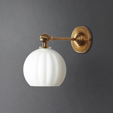 SMALL PUMPKIN RIBBED Opal Bathroom Wall Light in Antique Brass