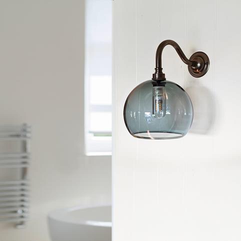 SOHO Smoked Grey Handblown Glass Bathroom Wall Light in Antique Brass