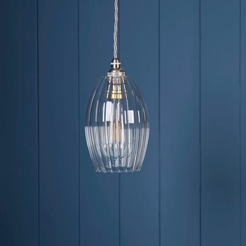CAMBER OVAL SMALL Handblown Ribbed Glass Pendant Light in Nickel
