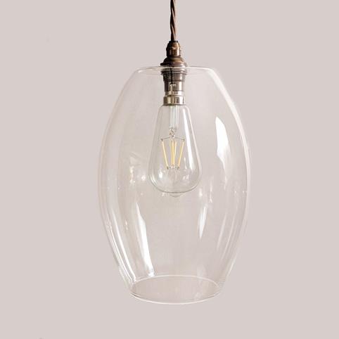CAMBER OVAL LARGE Handblown Clear Glass Pendant Light in Antique Brass