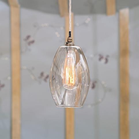 CAMBER OVAL SMALL Handblown Clear Glass Pendant Light in Antique Brass