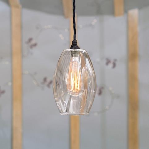 CAMBER OVAL SMALL Handblown Clear Glass Pendant Light in Bronze