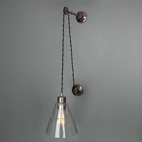 PULLEY Unique Industrial Clear Glass Shade Wall Light in Antique Silver