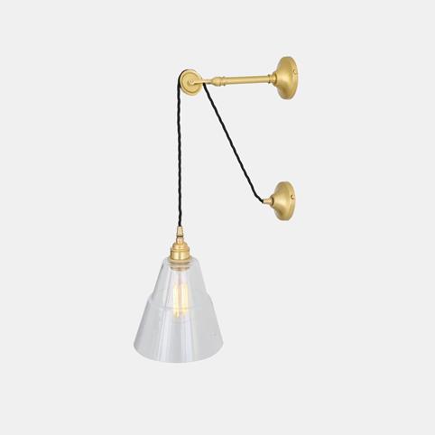 PULLEY Unique Industrial Clear Glass Shade Wall Light in Polished Brass