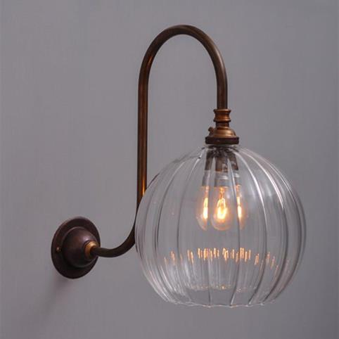 LENHAM MEDIUM Swan Neck Ribbed Glass Globe Wall Light in Antique Brass