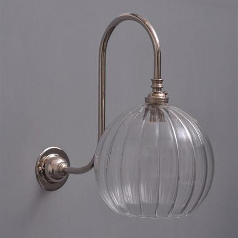 LENHAM MEDIUM Swan Neck Ribbed Glass Globe Wall Light in Nickel