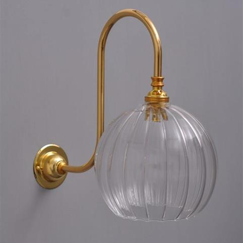 LENHAM MEDIUM Swan Neck Ribbed Glass Globe Wall Light in Polished Brass
