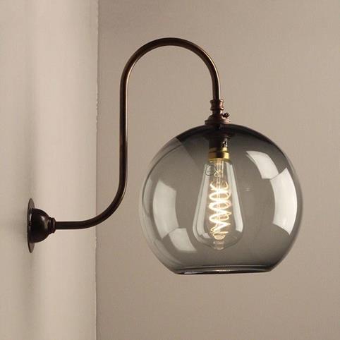 LENHAM LARGE Smoked Glass Swan Neck Wall Light in Antique Brass