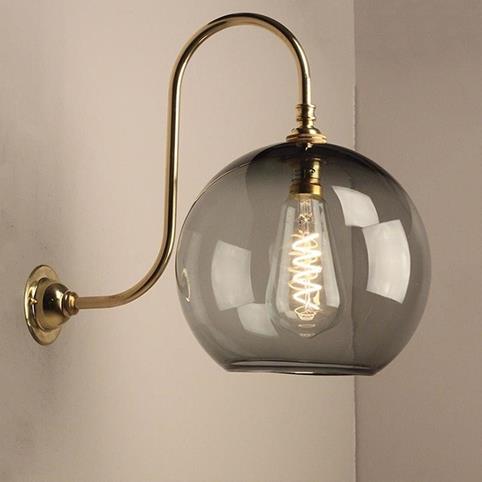 LENHAM LARGE Smoked Glass Swan Neck Wall Light in Polished Brass