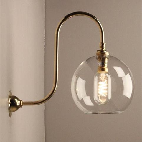 LENHAM MEDIUM Swan Neck Clear Glass Globe Wall Light in Polished Brass