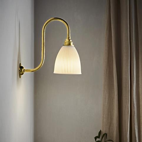 WHITE RIBBED CERAMIC Wall Light - Long Swan Neck in Polished Brass