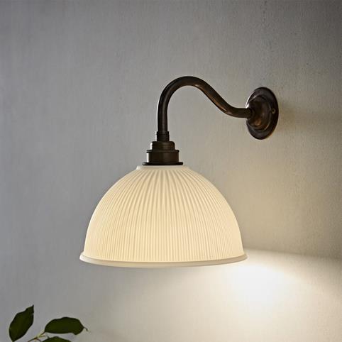 WHITE CERAMIC DOME Wall Light - Swan Neck in Antique Brass