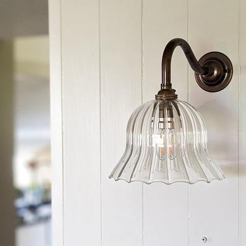BODIUM Bell Shaped Handblown Ribbed Glass Wall Light in Antique Brass