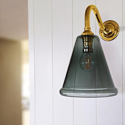 RYE SMALL Smoked Glass Cone Swan Neck Wall Light in Polished Brass