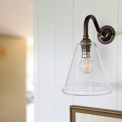 RYE SMALL Clear Glass Cone Wall Light in Antique Brass