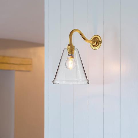 RYE SMALL Clear Glass Cone Wall Light in Polished Brass