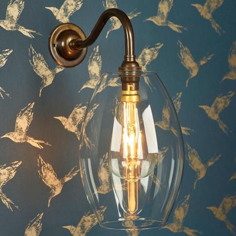 CAMBER OVAL MEDIUM Clear Glass Handblown Wall Light in Antique Brass