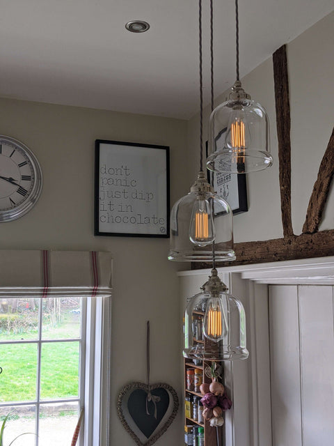 Hythe Small Clear Glass Shade cluster pendant light with handblown clear glass bell-shaped shades