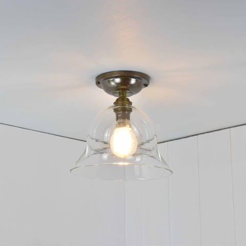 Bodium small clear glass shade flush ceiling light with minimalist handcrafted design for low ceilings and compact spaces.