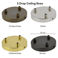 Four ceiling rose options in different finishes with labels on a white background.