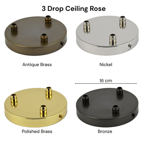 Four ceiling rose options in different finishes with labels on a white background.