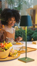 Zafferano Poldina Pro rechargeable dark green table lamp with sleek modern design and waterproof rating for indoor and outdoor use