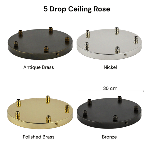 Four ceiling rose options in different finishes with measurements on a white background.