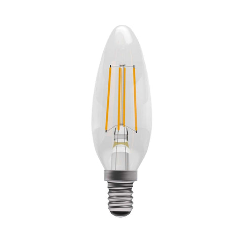 Dimmable 3.3W LED E14 candle bulb with vintage filament and warm 2700K glow.