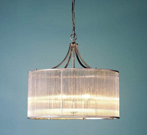Artemis Chandelier pendant light with brass frame and ribbed glass rods, modern vintage ceiling fixture