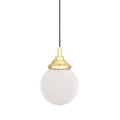 Laguna Bathroom Pendant light with brass fixture and frosted glass globe shade hanging from black cord