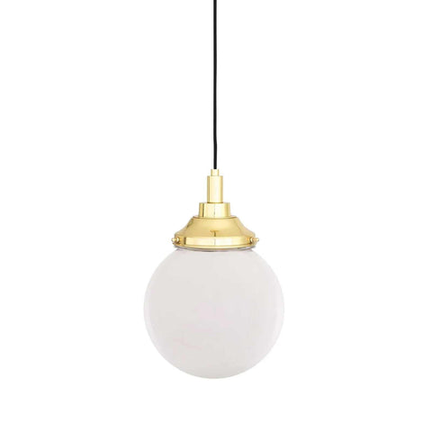Laguna Bathroom Pendant light with brass fixture and frosted glass globe shade hanging from black cord
