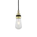 Bo Bathroom Pendant Light with clear glass teardrop shade and brass accents, water-resistant for bathrooms and outdoor spaces.
