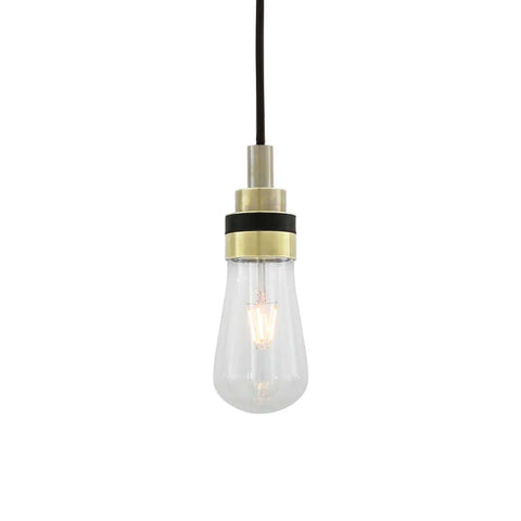Bo Bathroom Pendant Light with clear glass teardrop shade and brass accents, water-resistant for bathrooms and outdoor spaces.